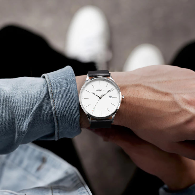 Black Modern Mens Leather Strap Watch | NEMA Timepiece 
