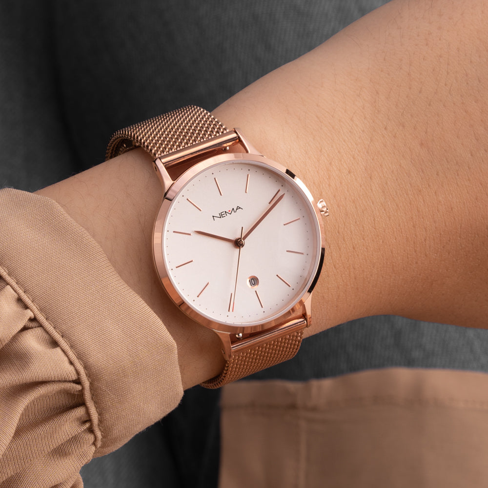 NEMA Arlo Women's Gold Watch with Brown Genuine Leather Strap and Gold Sun-ray Dial Japanese Quartz Movement Analog Slim Watch 並行輸入品 ARLO Mesh Rose Gold⁄White - NEMA Timepiece